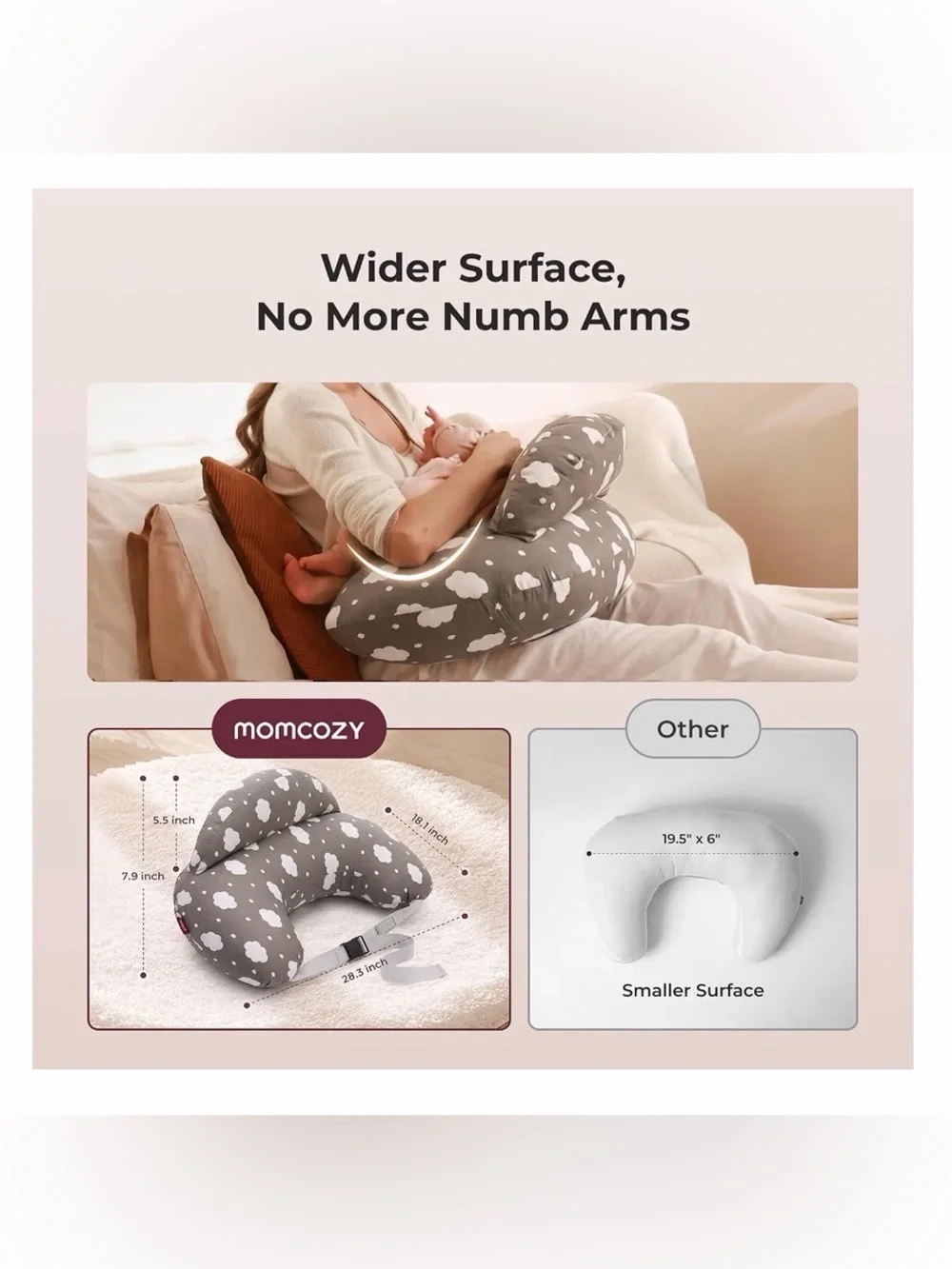 NWT - Momcozy - Nursing Pillow with clouds - Grey